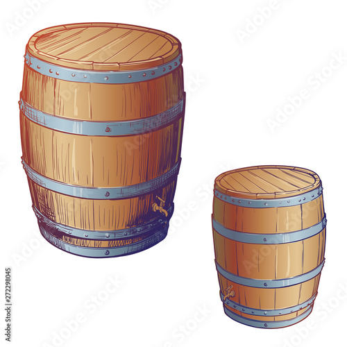 Whiskey making from grain to bottle. An oak cusk for aging whisky. Painted sketch. EPS10 vector illustration.