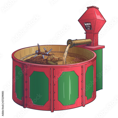 Whiskey making process from grain to bottle. A mash tun. Colored sletch. EPS10 vector illustration.