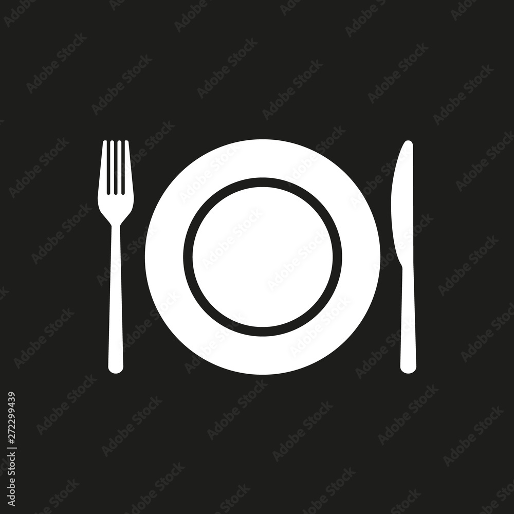Fork, knife, plate on black background. Vector. Fork, knife, plate on black background. Vector.