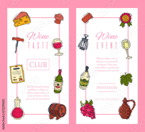 Wine taste club banner vector illustrations glass wine grape bottle. Tasting events menu. Vector alcohol drink background traditional food champagne. Wineglass business celebrate invitation card.