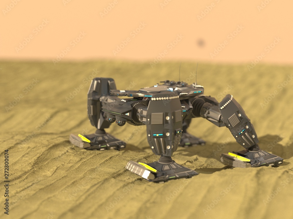 Tank robot in desert,3d ,render.