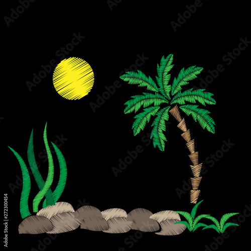 Palm tree embroidery stitches imitation on black background.