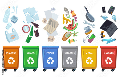Recycle waste bins. Different trash types color containers sorting wastes organic trash paper can glass plastic bottle vector concept