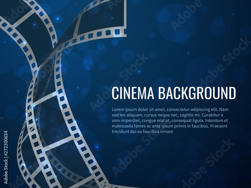 Film strip roll poster. Movie production with realistic blank negative film frames and text. Vector cinema background