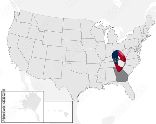 Location Map Georgia on map USA. United States of America. 3d geolocation sign like flag of state Georgia. High quality map of  Georgia.  Vector illustration EPS10.