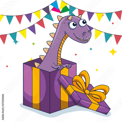 carnotaurus animal inside presents with party banner