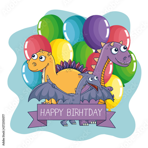 pterosaur with stegosaurus and carnotaurus with balloons and ribbon