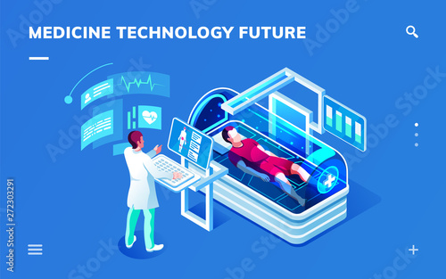 Futuristic medical isometric room with doctor doing medicine diagnostic or service. Future healthcare treatment. Man in modern hospital or contemporary clinic tube or MRI. Smartphone application