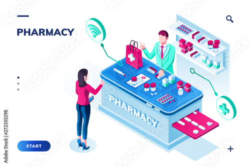 Woman ordering pills at drugstore. Isometric pharmacy with doctor or pharmacist selling tablet via internet online. Medical shop or drug store, medicine application design for smartphone. Apothecary