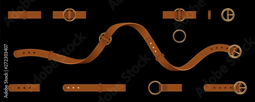 Set of isolated man and woman leather or lethern belt. Clasp and chain, tassel and metallic ring straps, metal buckle or cuff for male and female clothing accessories. Fashion and uniform, cloth