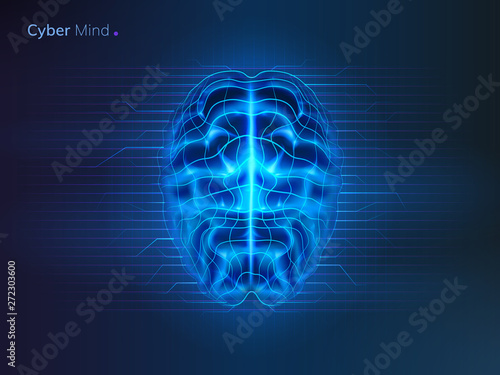 Cyber mind or artificial intelligence brain. Neural network or machine learning background. Futuristic AI thinking. Cyberbrain and cyberspace, human and robot. Future technology concept