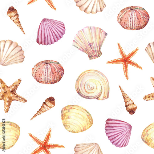 Watercolor seamless pattern with underwater life objects - seashells, starfish and sea urchin.