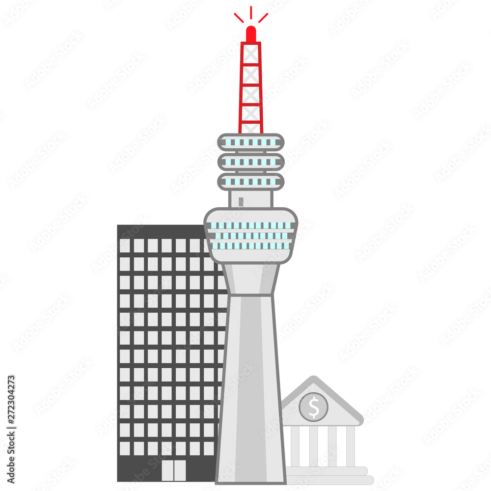 flat tv tower icon on city background