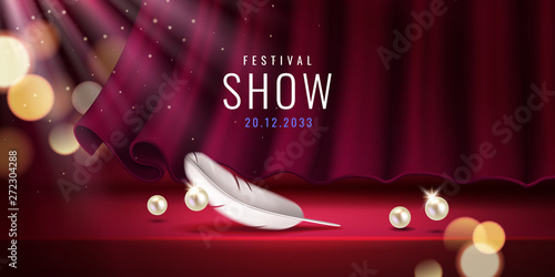 Red curtain at theater hall for show sign. Theatre stage with feather and beads for premiere advertising banner background. Nightclub concert or circus exhibition, bar performance. Announcement poster
