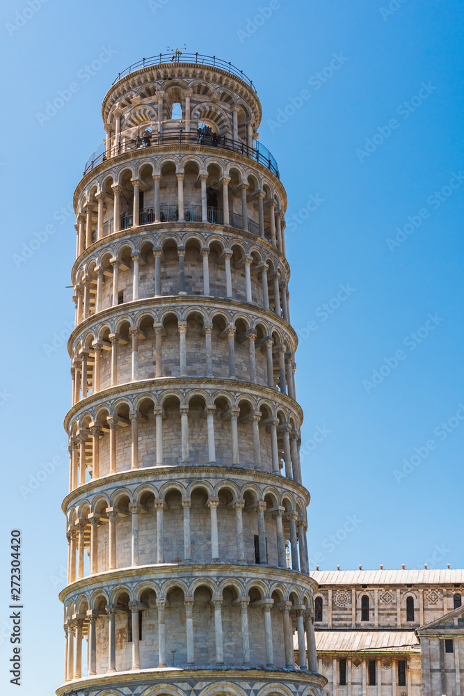 The Leaning Tower in Pisa, Italy, as seen from below, an architectural marvel of the 12th century.