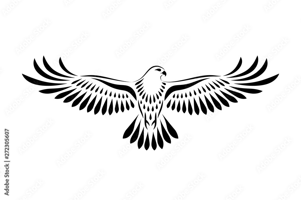 Engraving of stylized hawk. Decorative bird. Linear drawing. Flying