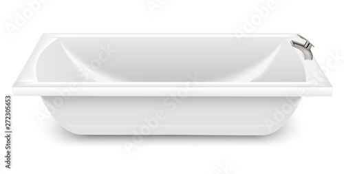 Rectangular bathtub. Side view. Mixers of water taps. Realistic style Isolated on white background. Vector illustration.