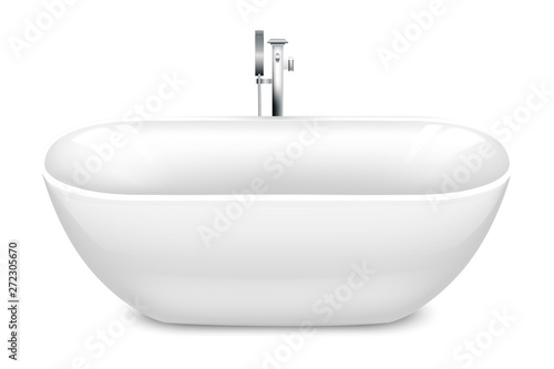 Bathtub in the shape of a bowl. Side view. Mixers of water taps. Realistic style Isolated on white background. Vector illustration.