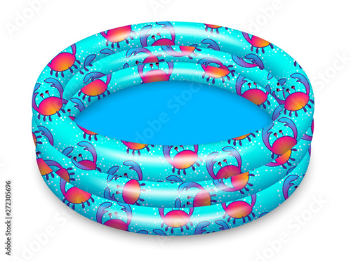 Inflatable paddling pool bright blue with a pattern, without water empty. Equipment for summer holidays and tanning. Realistic illustration. Isolated on white background Vector.