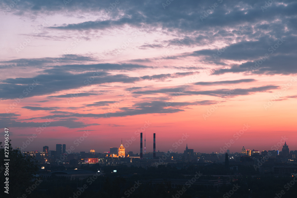 Sunrise over Moscow, view from the observation deck on the Sparrow hills.