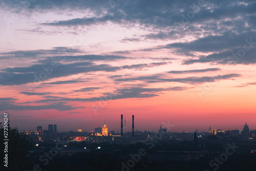 Sunrise over Moscow, view from the observation deck on the Sparrow hills. © dmitriydanilov62