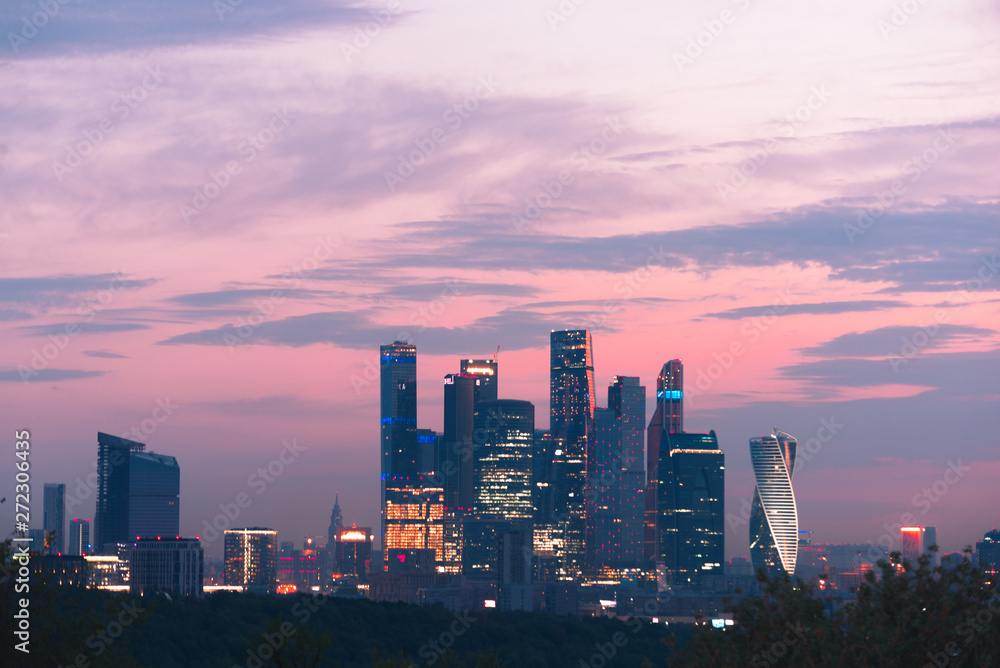 Sunrise over Moscow city, view from the observation deck on the Sparrow hills.