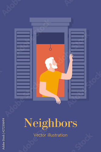 An elderly man leaned out of the window and waved his hand. Neighborhood. Vertical banner with text. Postcard. Summer evening. Vector flat illustration