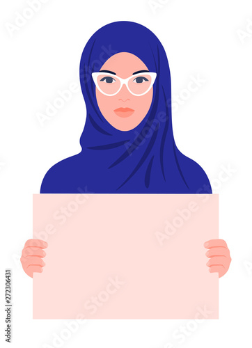 Young Arabian woman holding a poster without text. Women's rights and discrimination. Muslim girl. Vector illustration of a flat style.