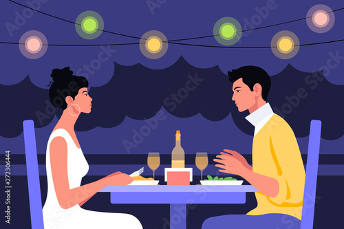 A young man and a young woman sit at the table in profile. Date and business meeting in a cafe. Summer evening in a restaurant on the street. Vector flat illustration