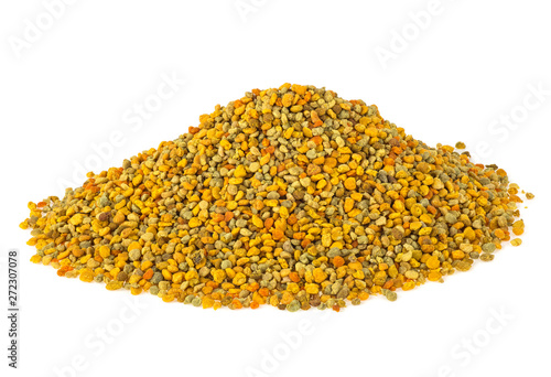 Bee pollen grains on a white background. Healthy natural medicine for influenza.