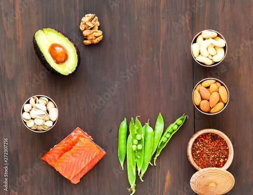Ingredients for ketogenic diet on wooden background. The concept of healthy eating.