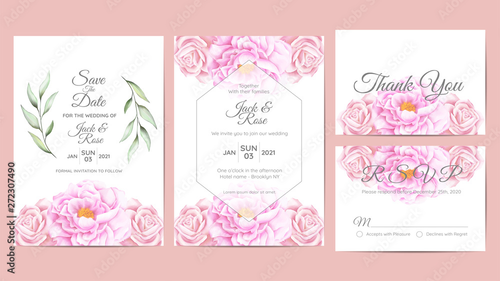 Beautiful Watercolor Floral Wedding Invitation Cards Template. Flower and Branches Save the Date, Greeting, Thank You, and RSVP Cards Multipurpose