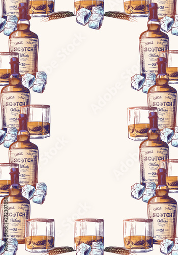 Whiskey bottle, glass , ice cubes with some barley ears. Vertical Frame or blank page template. EPS10 vector illustration.