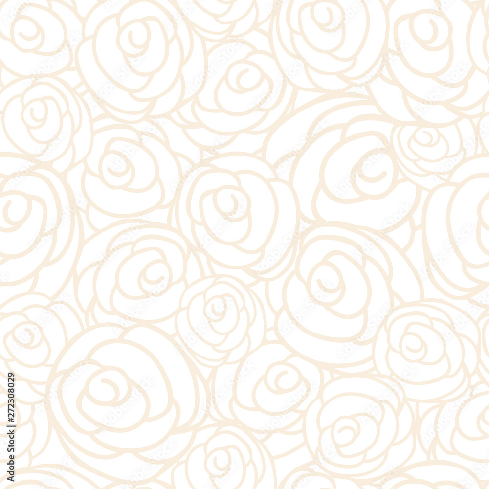 Vector floral repeat pattern design with cream outline roses on white. Perfect for wallpaper, scrapbooking, invitations, interiors or fabric