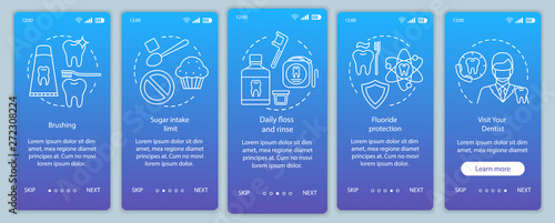Oral hygiene routine onboarding mobile app page screen vector template