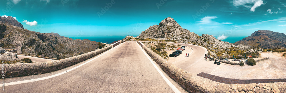 Amazing panorama circle road view of the mountains on a bright summer vacation day. coll dels reis Sa Calobra, Serra de Tramuntana, Cap de Formentor, Mallorca, Spain