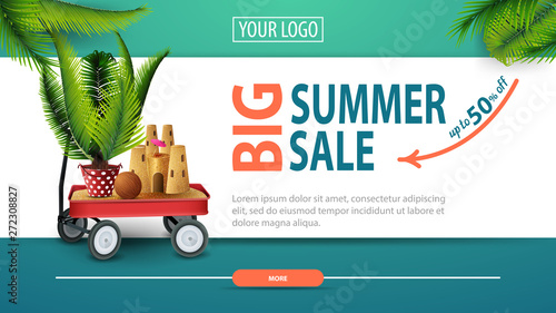 Big summer sale, discount horizontal web banner with modern, stylish design, garden cart with sand, sand castle and potted palm