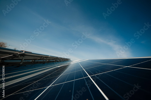 Solar panel against blue sky .Blue solar panels.