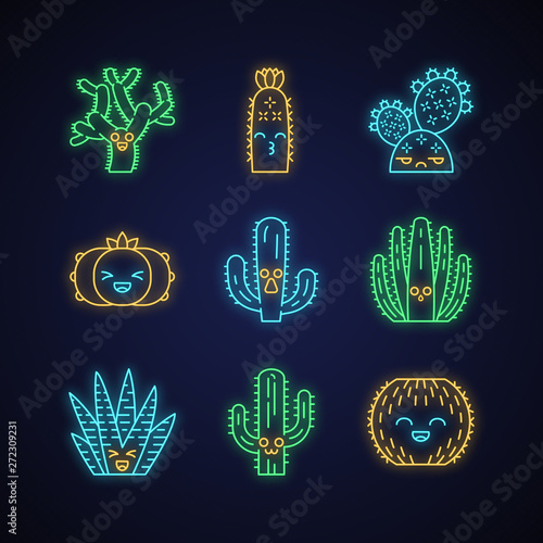 Cactuses cute kawaii neon light characters