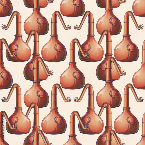 Whiskey making process from grain to bottle. Copper Still - a pot for spirits distillation. Seamless pattern. EPS10 vector illustration.