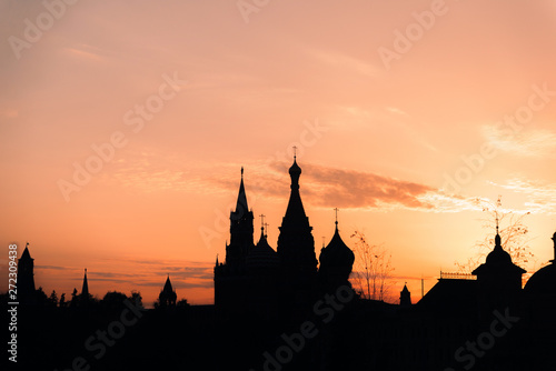 Silhouettes of the Moscow Kremlin at sunset , view from Zaryadye Park