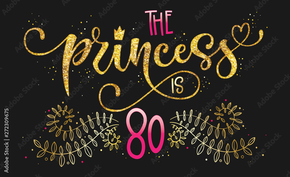 The Princess is 80 quote. Anniversary, birthday party hand drawn calligraphy lettering logo phrase The Princess is 80 quote. Anniversary, birthday party hand drawn calligraphy lettering logo phrase