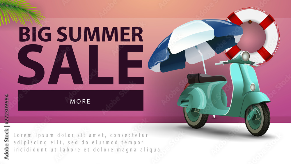 Big summer sale, discount web banner with scooter with a beach umbrella