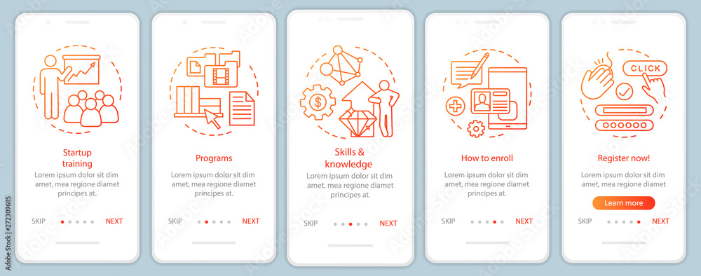 Startup education onboarding mobile app page screen with linear concepts Startup education onboarding mobile app page screen with linear concepts
