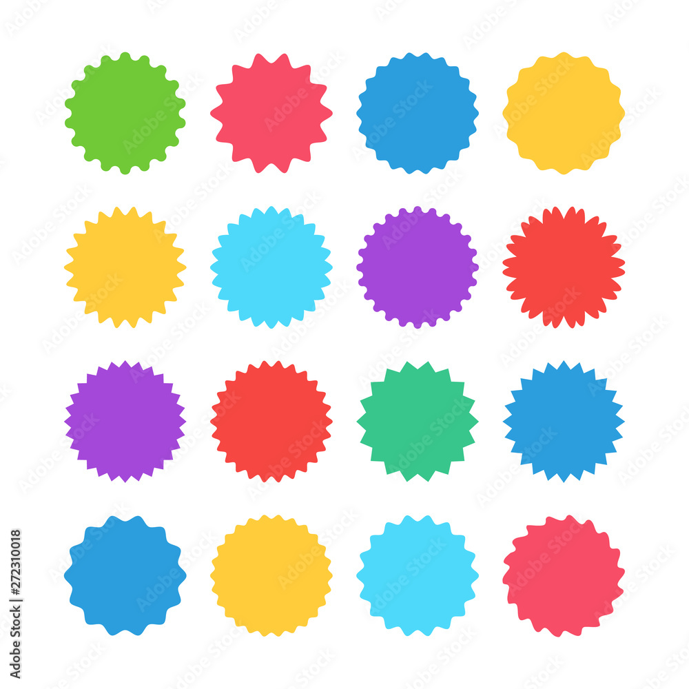 Colorful sunburst stickers, starburst badges set. Red labels, blue stickers, green color, purple and yellow price tags. Vector illustration isolated on white background Colorful sunburst stickers, starburst badges set. Red labels, blue stickers, green color, purple and yellow price tags. Vector illustration isolated on white background