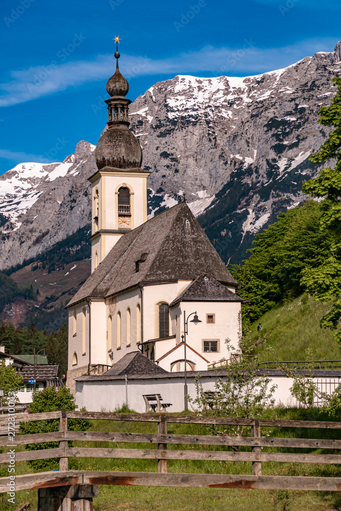 Beautiful alpine view with the famous church Saint Sebastian at Ramsau - Bavaria - Germany