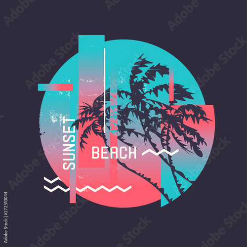 Sunset beach. Graphic t-shirt design on the topic of summer, holidays, beach, seacoast, tropics.