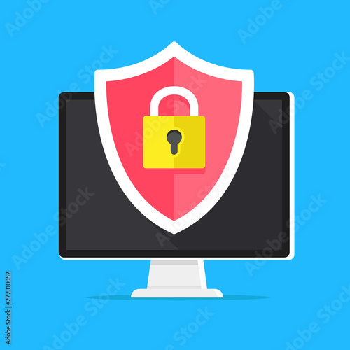 Computer security, data protection, cybersecurity concepts. Desktop computer with shield and lock on screen. Modern flat design graphic elements. Vector illustration