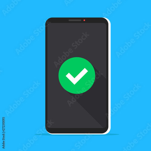 Smartphone with green check mark icon on screen. Mobile phone and checkmark. Modern flat design. Vector illustration