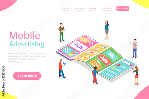 Flat isometric vector landing page template of mobile advertising, social media sponsored ads, digital marketing campaign.